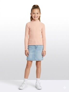 Mango Pink Mock Neck Ribbed Long-Sleeve Top Scallop Trim Cotton Size 13-14